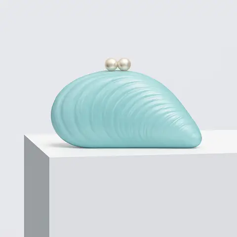 Fit Cellphone Party Wedding Women Blue Box Purse Glamorous Elegant Acrylic Clutch Bag Magnet Closure Mussel Shell Shaped Handbag
