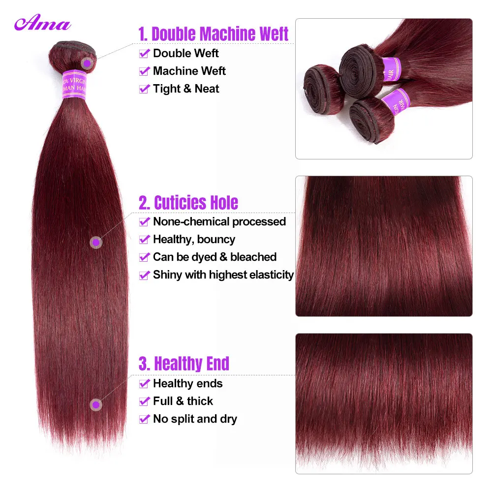 99j Burgundy Straight Human Hair Bundles 30 Inch Colored Human Hair Bundles For Black Women 1 3 4 Bundles Remy Hair Bundles