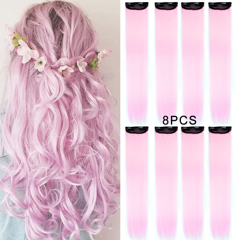 

8Pack Colorful Party Highlights Hairpieces Straight 2Clip in Hair Extensions 22inch Synthetic Clip on Hair for Women Kids Girls