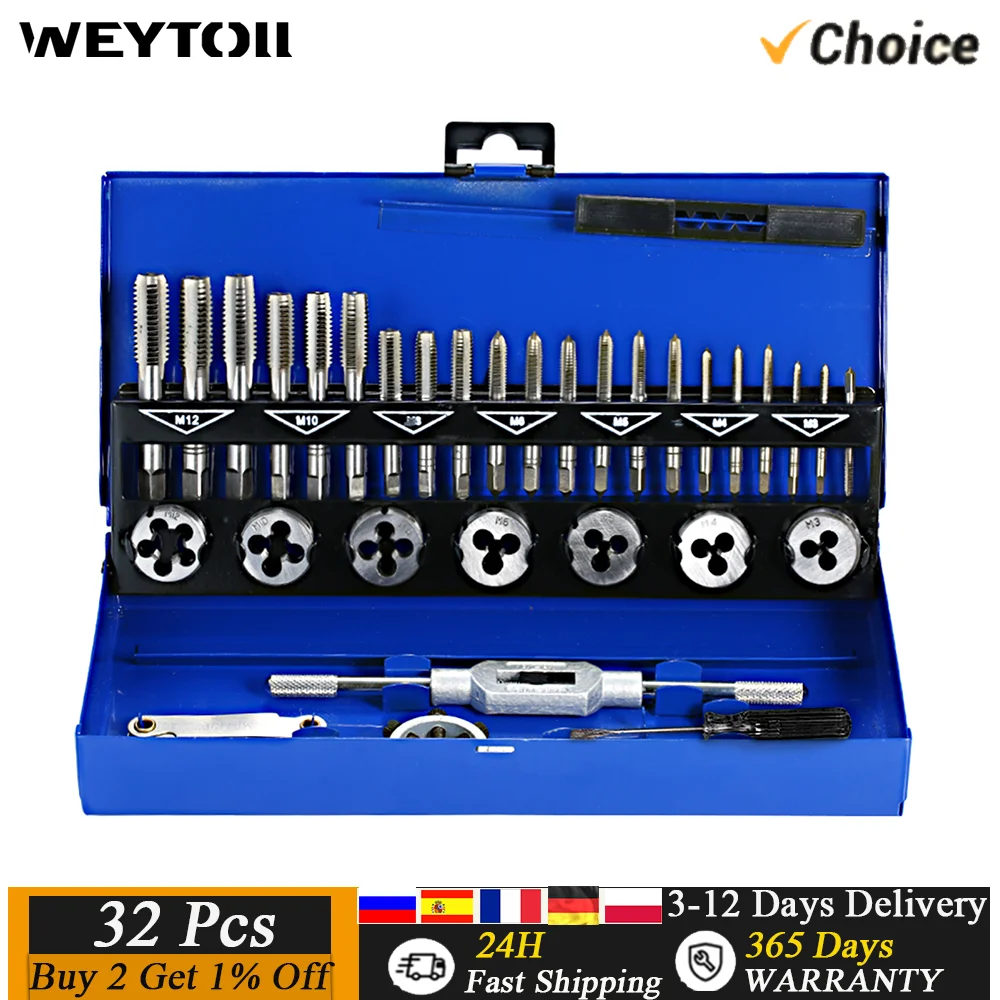 

32PCS HSS Tap Die Set Metric Wrench Cut M3-M12 Hand Threading Tool Tungsten Carbide Tap Die Screw Thread Making Tool Bit Set