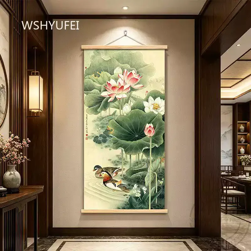 Chinese Style Mandarin Duck & Lotus Hanging Scroll Wall Art Wooden Hanger Scroll Painting Home Entrance Living Room Wall Decor