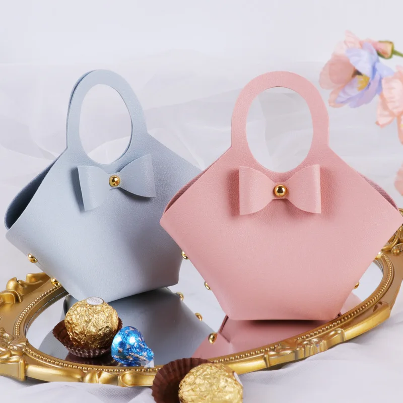 Mini Leather Bag with Bow Wedding Gift Candy Packaging Box Party Decor Portable Leather Gift Basket Birthday Party Supplies