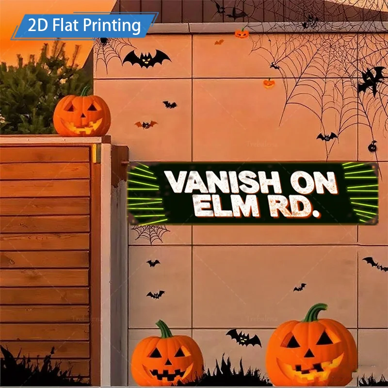 1 قطعة لافتة معدنية، مقاس 4 × 16 بوصة للهالوين "فانيش أون إلم رد". لافتة معدنية مطبوعة مسطحة ثنائية الأبعاد مع ديكور خفافيش اليقطين