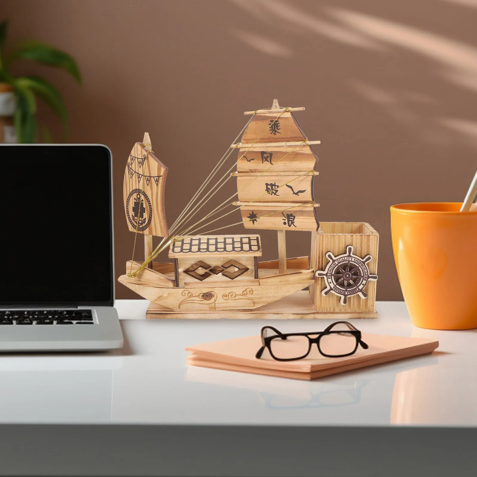 

Wooden Sailboat Pen Holder for Desk Large Capacity Desktop Organizer Storage Container for Office School Use Pen and Pencil