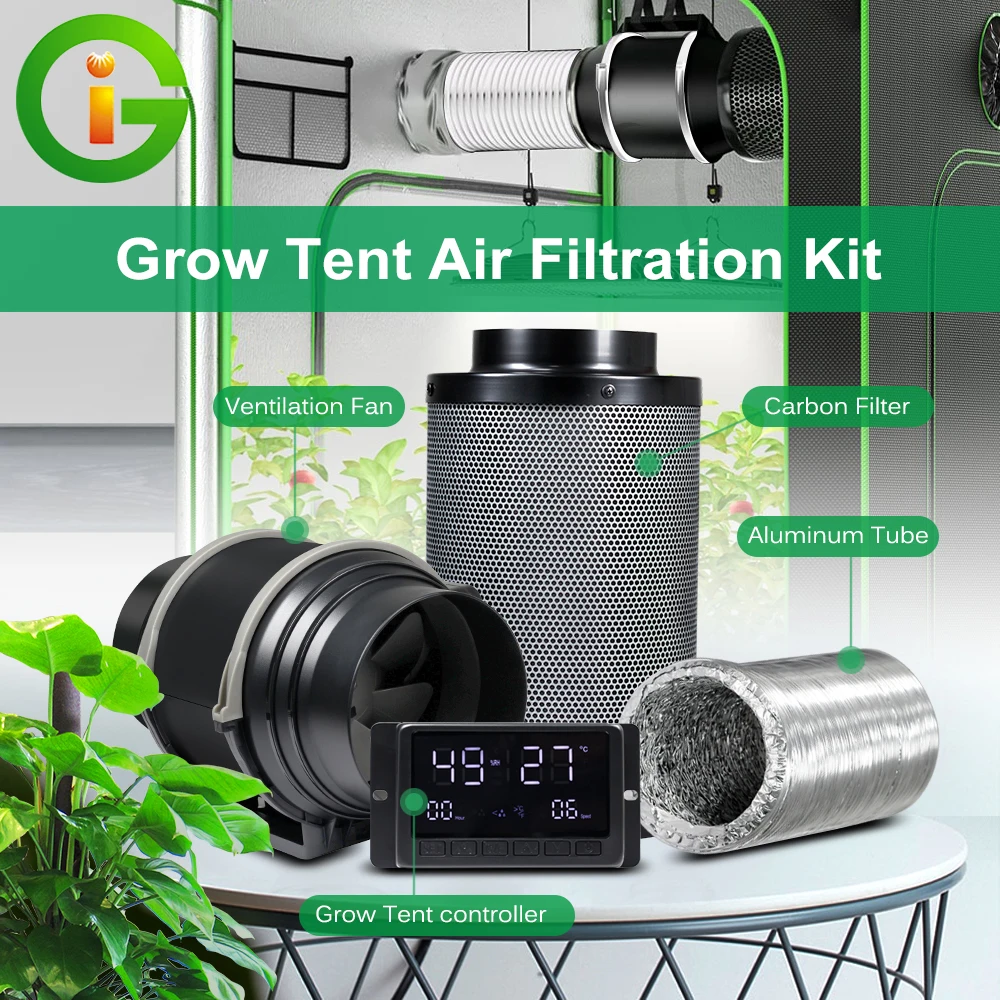 Intelligentes Luftfilter-Set mit Inline-Rohrventilator, Geschwindigkeitsregler, Kohlefilter und Luftleitungen für Growzelte, Indoor-Gärtnerei und Hydroponik