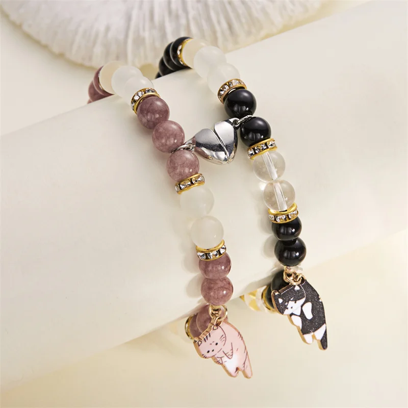 Passende magnetische Paar-Armbänder für Liebhaber, süßer Katzen-Anhänger, Freundschaftsschmuck, Naturstein-Perlen-Armreifen, Valentinstagsgeschenk – Detail 3