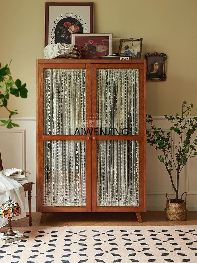 HLZ French retro cabinet double door gauze curtain glass cabinet large wardrobe combination