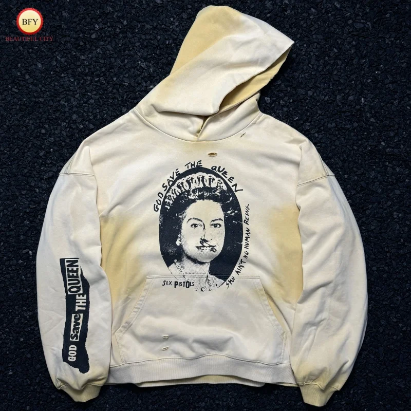 

Sunset Yellow PalyHollywoodSS25 Save the Queen Washed and Distressed Men's and Women's Autumn/Winter Hooded Sweatshirts