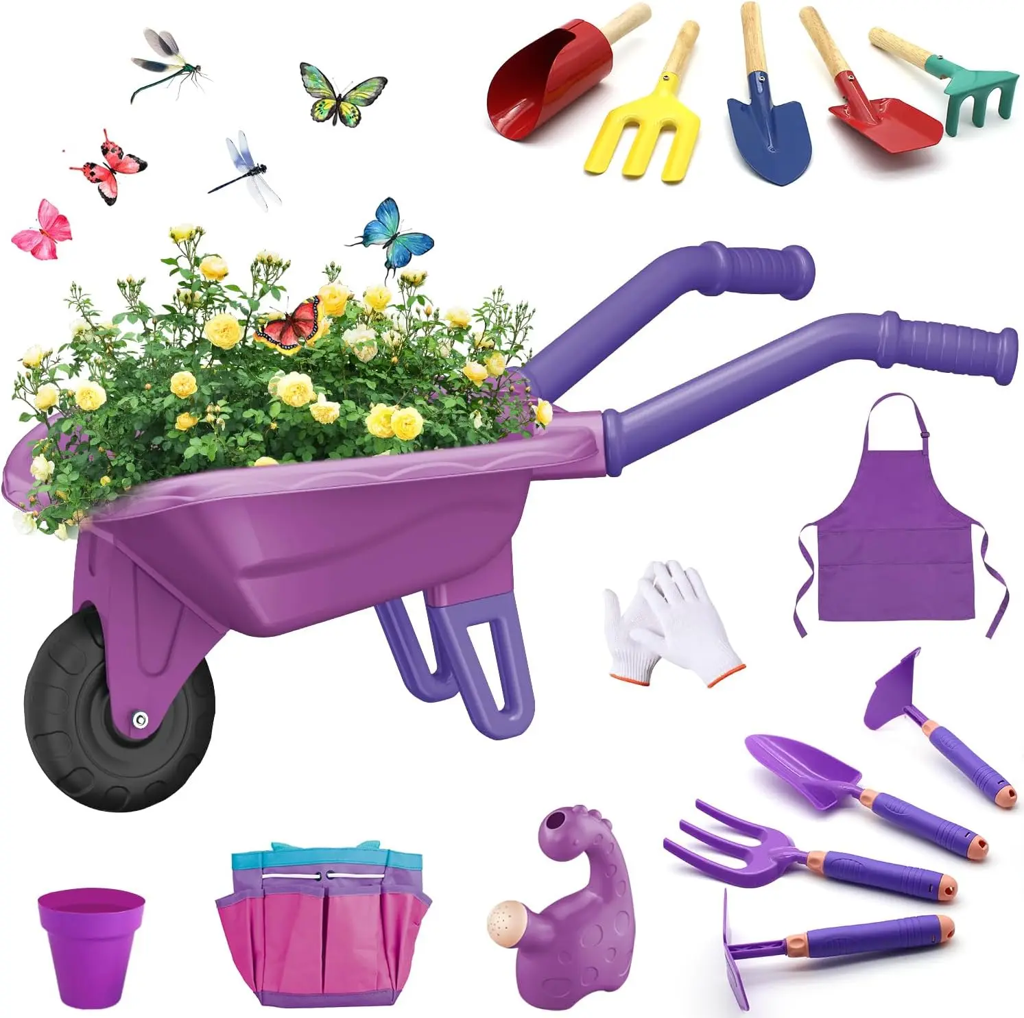 

15 PCS Kids Gardening Tool Set with Wheelbarrow, Flower Pot, Storage Bag for Outdoor Play