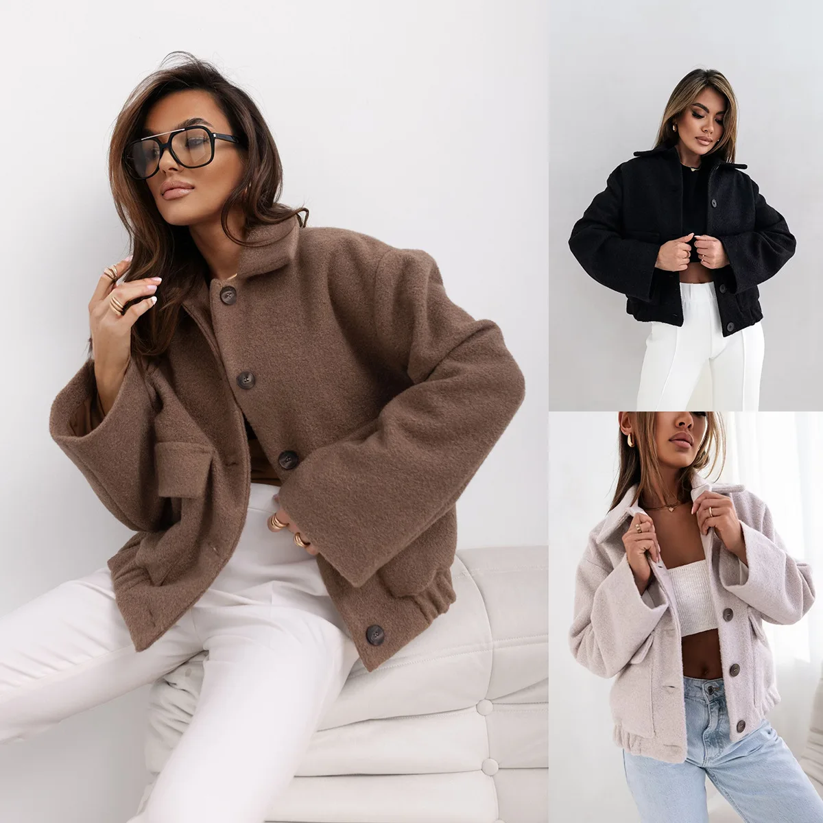 

Simple Fashion Solid Color Single-breasted Plaid Woolen Jacket Women's Outerwear Coat