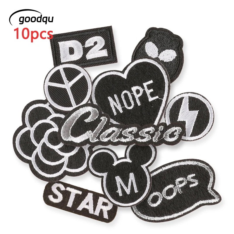 10Pcs Black White Letters Patches Iron On For Clothes Embroidered Mochila Fabrics Sew Lot Bulk Stickers Pack Diy Repairs Jacket