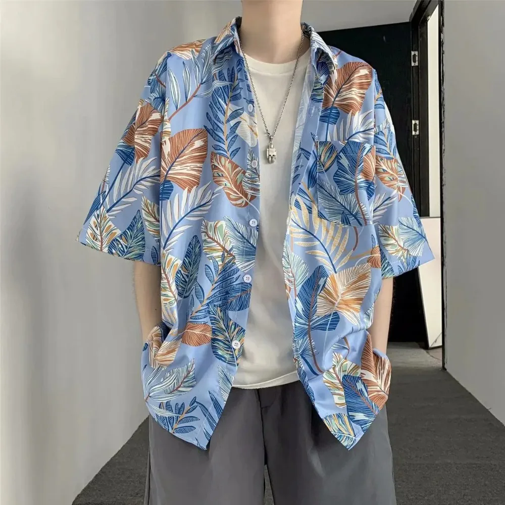

Retro Floral Short Sleeve Shirt Men Trendy Personalized Versatile Cool Five-point Sleeve Summer Hawaii Clothing Trend