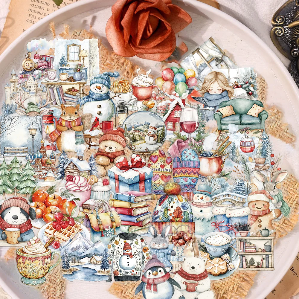 

50PCS Cartoon Warm Winter Fairy Tale Art PET Sticker Dreamy Scarf Animal Sweater Gloves Castle Gift DIY Scrapbook Phone Case