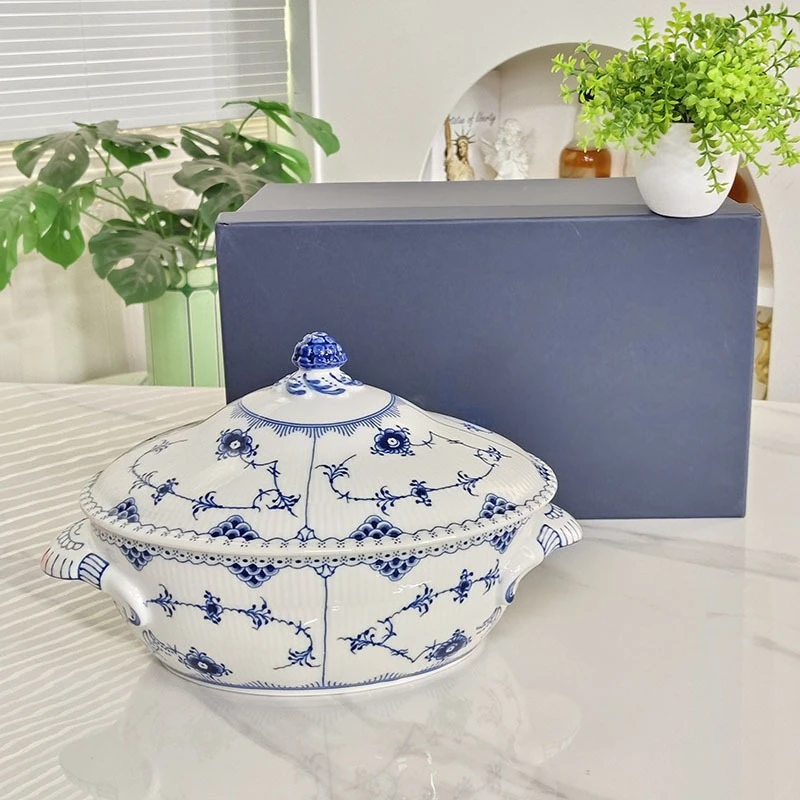 All-Lace Blue And White Double-Ear Soup Pot Bone China With Lid New Chinese-Style Bone China For Home Use