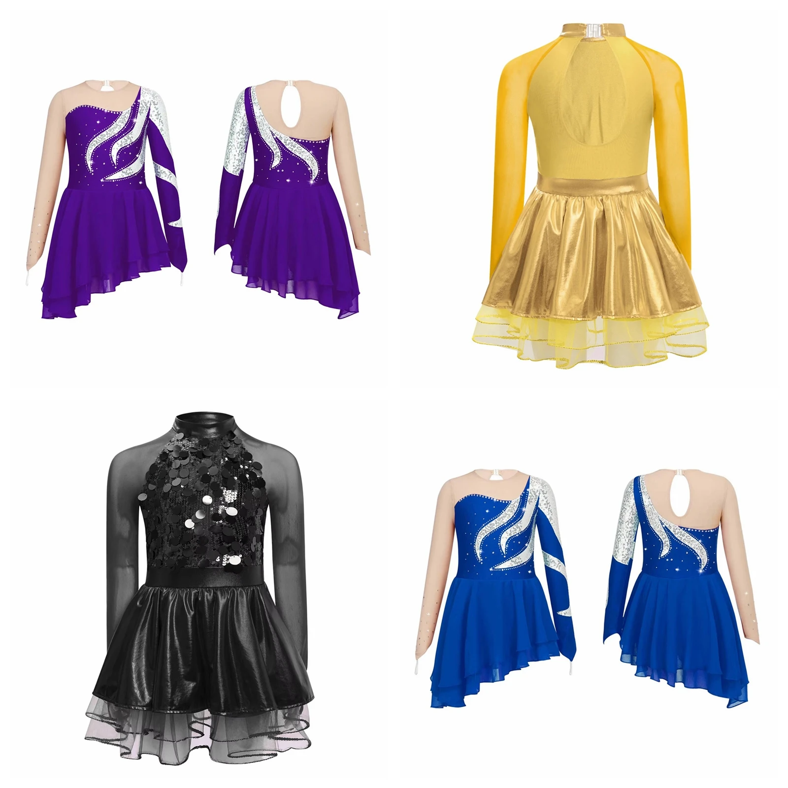 

Children Sheer Mesh Jazz Dance Performance Costume Kids Girls Sparkling Sequins Ballet Tutu Dress Metallic Skating Dancewear