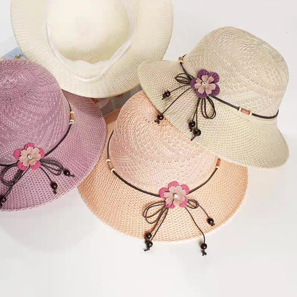 2024 Summer Women Bow Flowers Straw Hat Outdoor Sun Sunscreen Collapsible Beach Hat