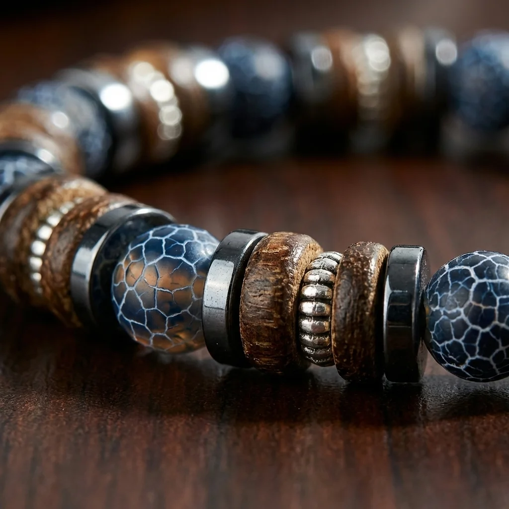 Men's Hematite Wooden Beaded Bracelet Natural Weathered Stone Beads Elastic Stretch Bracelet Fashion Jewelry
