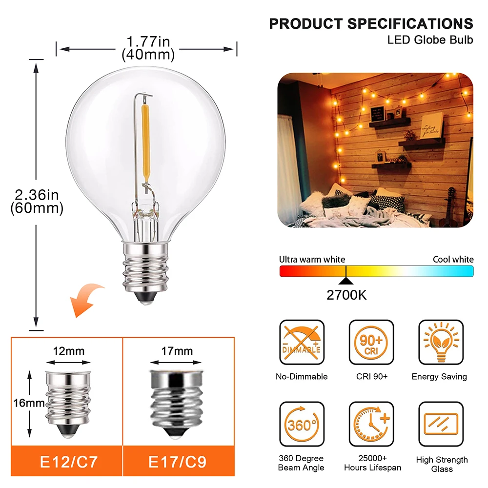 LED 스트링 조명 체인 글로브 스트링, 야외 G40, E12 LED 전구, 6 개, 25 개