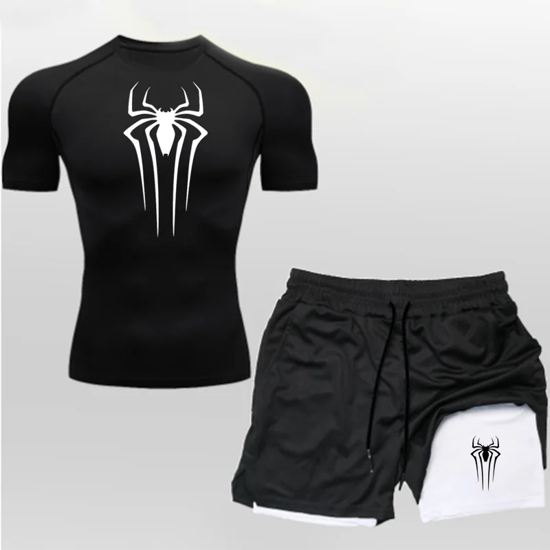 Anime Compression Shirt Men 2 in 1 Shorts Fitness Gym Workout MMA Rashguard Jiu Jitsu Running Joggers Training Clothes Sets