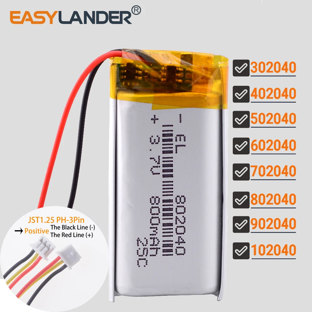 JST1.25mm 3Pin 702040 600mAh 652040 Lithium Lipo Li-ion Polymer Battery 302040 402040 502040 602040 802040 902040 102040