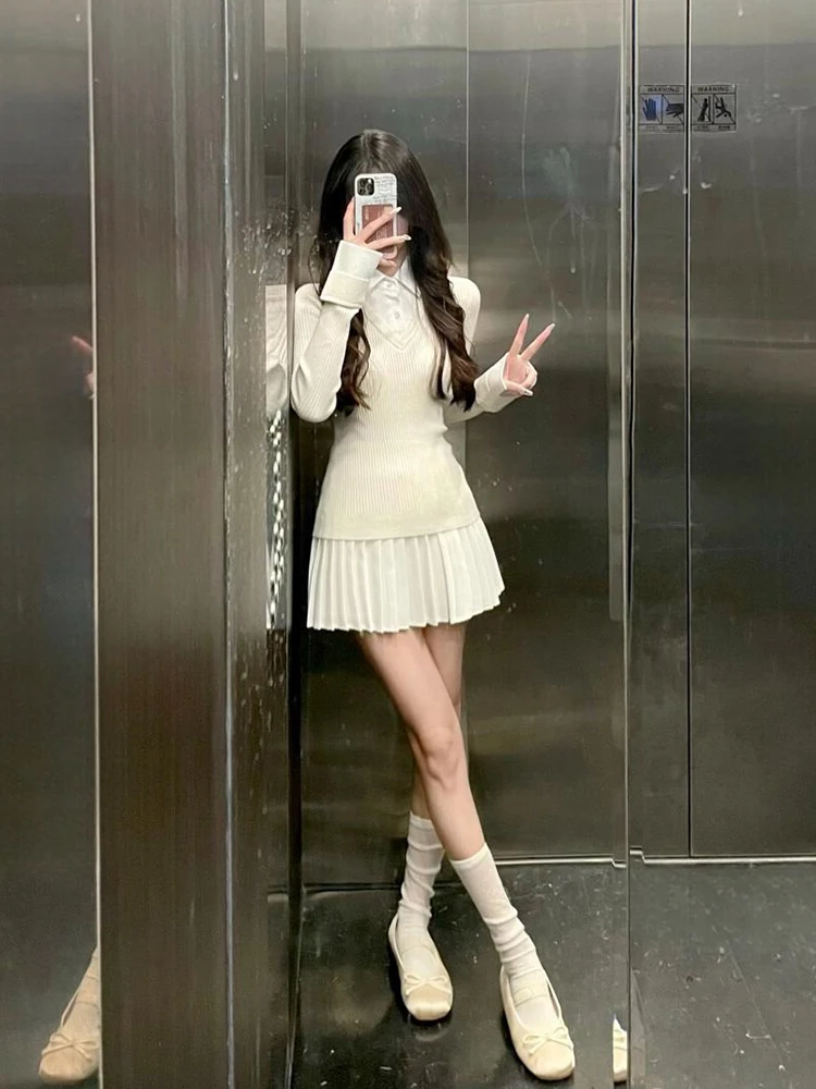 College Sle Base Layer Dr Set Gonna top lavorata a maglia design da donna f-lunghezza Autunno Gonna a trapezio a vita alta Lunga Sve