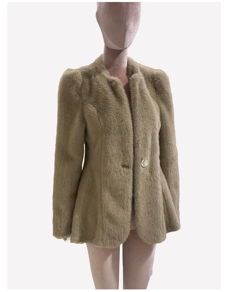 Nerazzurri Autumn Winter Elegant Luxury Chic Short Fitted Faux Fur Blazer Women Single Button Puff Sleeve Fluffy Jacket 2024