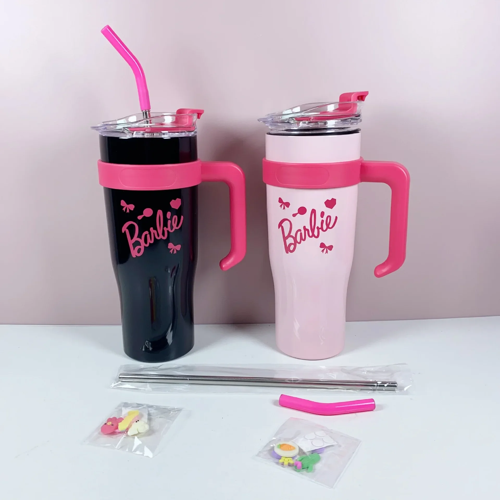 Barbie Large-capacity Straw Thermos Cup Giant 304 Stainless Steel Direct Drinking Dual-purpose Car Office Water Cup 1200ML