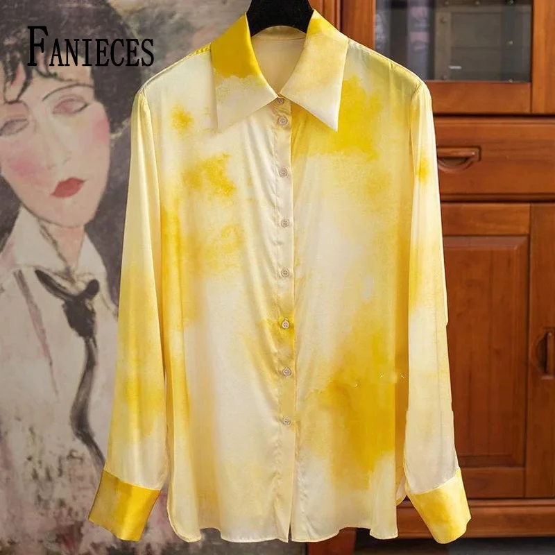 

FANIECES قمصان وبلوزات Women's Luxury Tops Mark Woman Brand Shirt Spring Long Sleeve Lapel Yellow Shirt Elegant Workwear Camisas