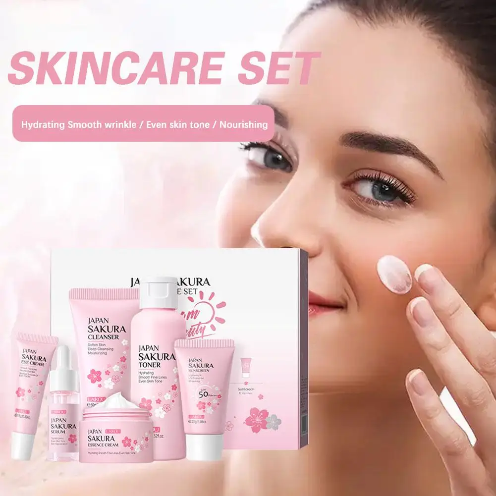 6 unids/set conjunto de cuidado de la piel Facial limpiador Sakura esencia blanqueamiento suero Facial crema hidratante y tóner de ojos antienvejecimiento D9S8