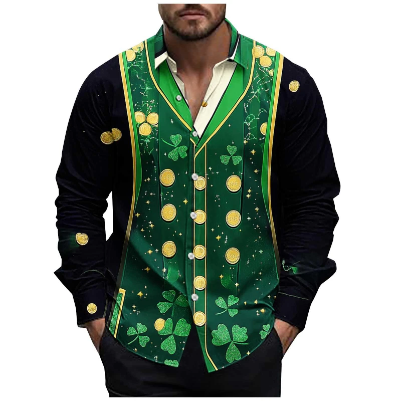 St. Patrick's Day Men's Long Sleeve Shirts 3D Printed Festival Button Shirts Spring Trendy Fake Suit Graphic 2025 New Blouse Top