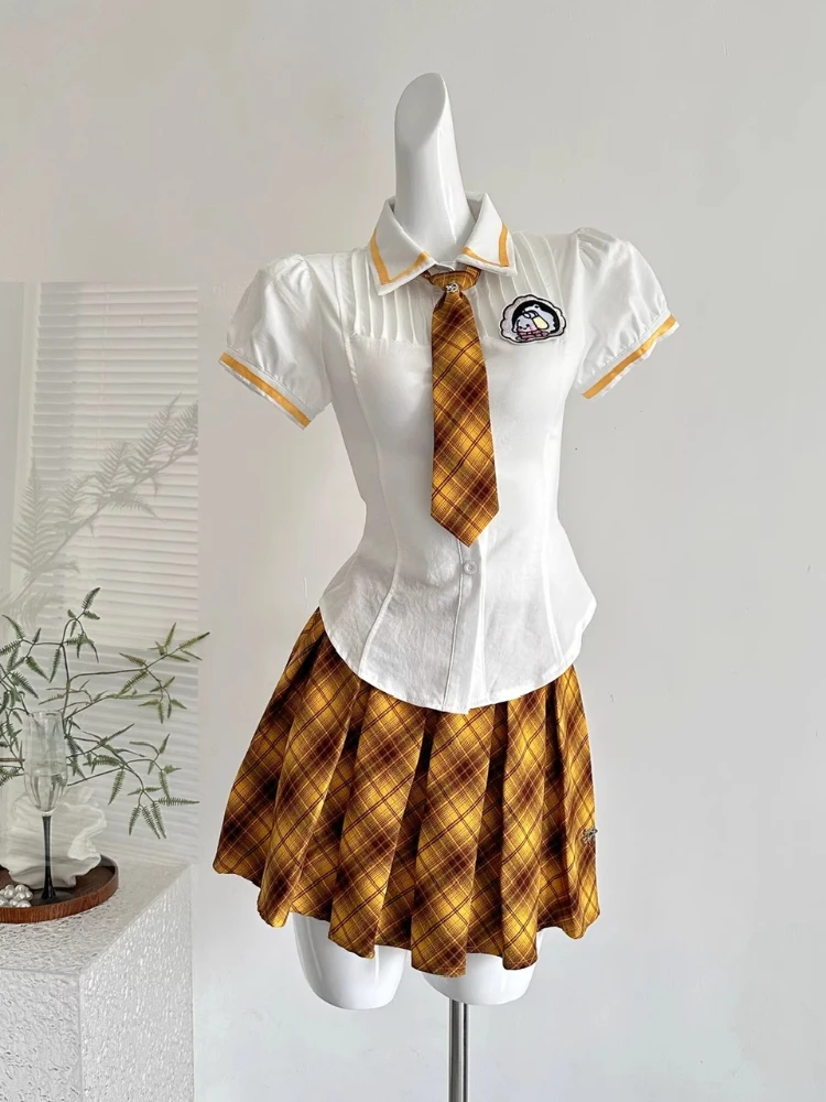 

Preppy Style American Hottie 2 Piece Sets Y2k Women Bubble Sleeve Tops + Plaid Skirt Vintage Female New Fashion Outfits Summer