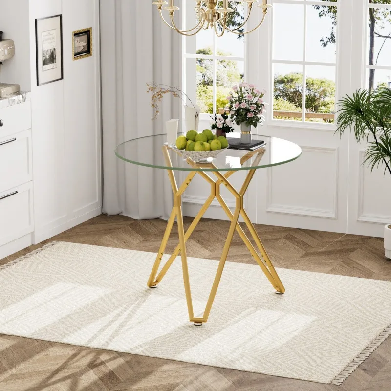 

Tempered Glass Round Kitchen Table Small Size Sturdy Metal Legs Space Saving Small Size Modern Glass Dining Table