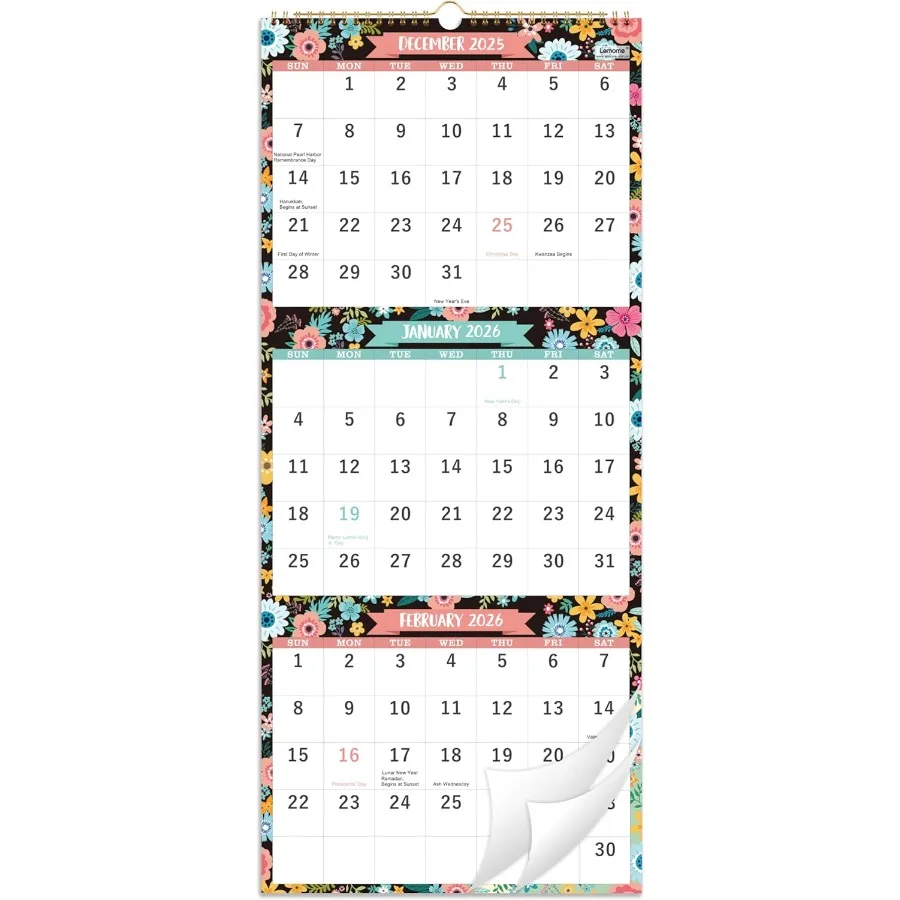 

2026 Calendar - January 2026 - December 2026 3 Month Display 2026 Wall Calendar Folded in one Month 11.3" x 26" (when opened) V