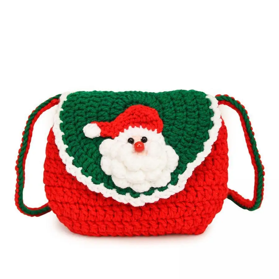 Festive Handmade Crochet Crossbody Bag – Christmas Edition, featuring Santa Claus and reindeer designs, in green and red colors,