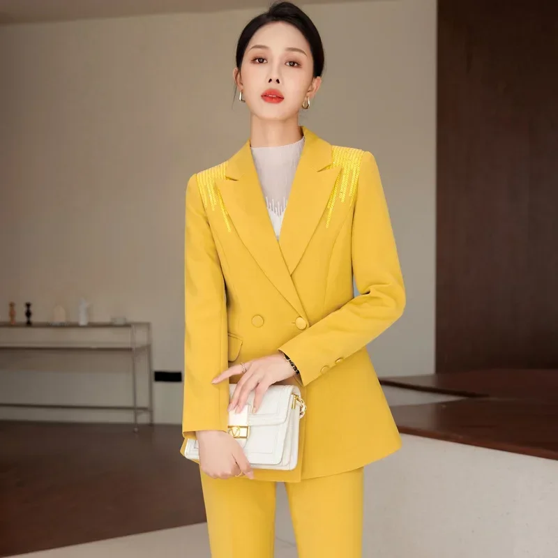 Traje amarillo de lentejuelas para mujer, Blazer de lujo, pantalones de oficina, ropa de trabajo de negocios, chaqueta Formal, abrigo elegante, pantalones, vestido de Graduación