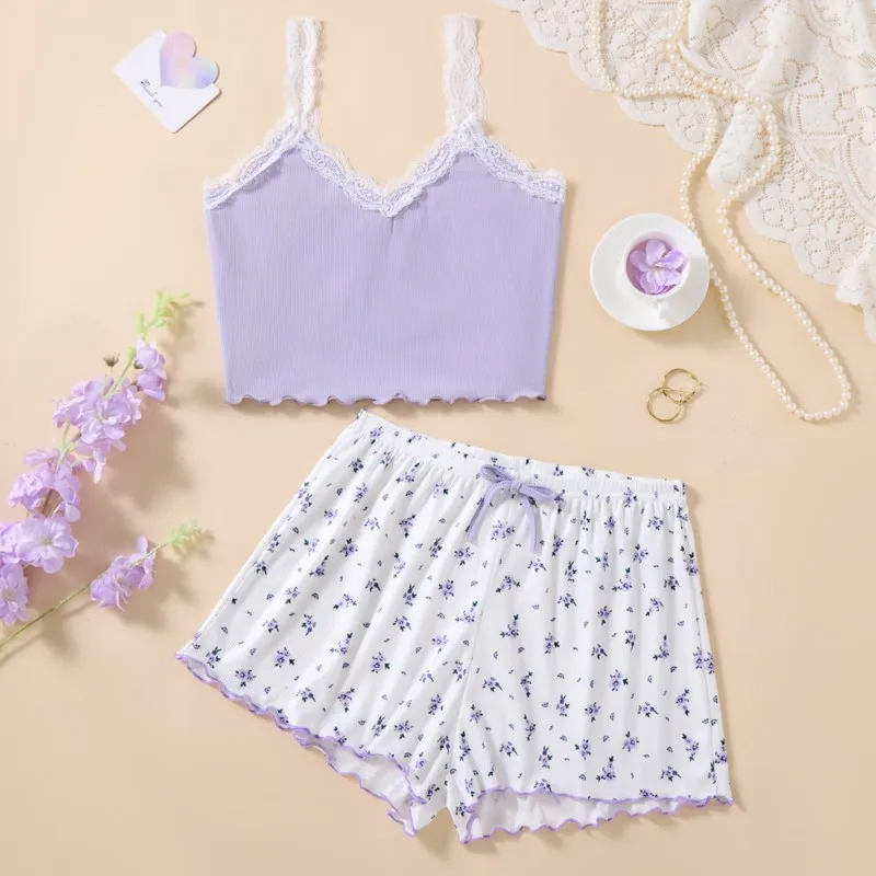 A Set Summer Pajamas For Women Mini Tank Tops And Shorts Best-Selling Loungewear Lace-trimmed Corset & Floral Short Pajama Sets