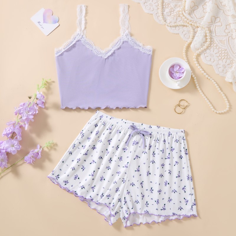  A Set Summer Pajamas For Women Mini Tank Tops And Shorts Best-Selling Loungewear Lace-trimmed Corset & Floral Short Pajama Sets 