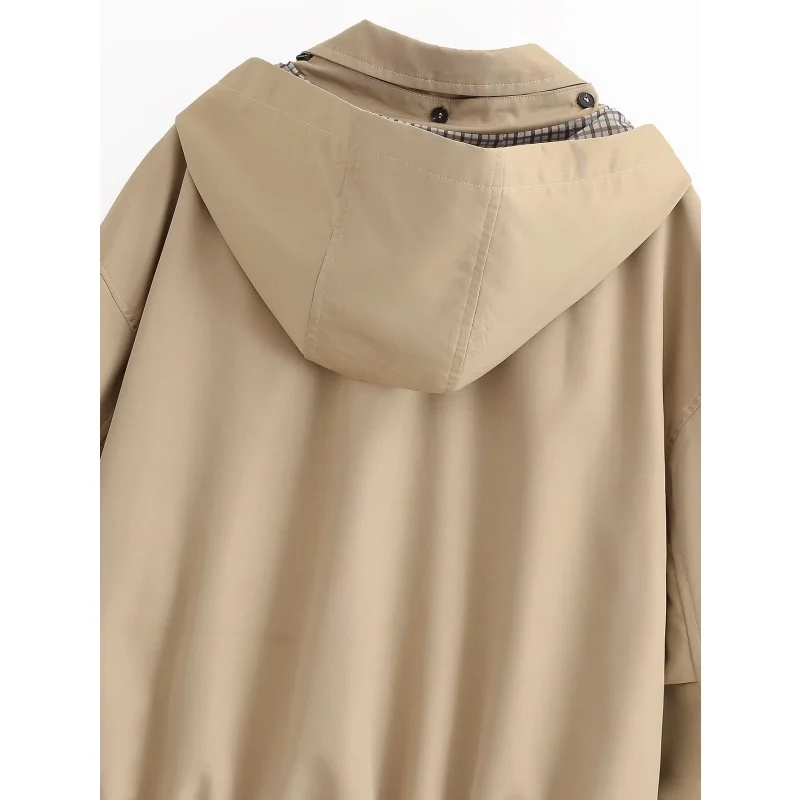 2026 Neue Damen Khaki Kapuzenjacke Langarm Reißverschluss Oversized Locker Lässige Oberbekleidung Damenmantel Langarm Reißverschluss-Design – Detail 11