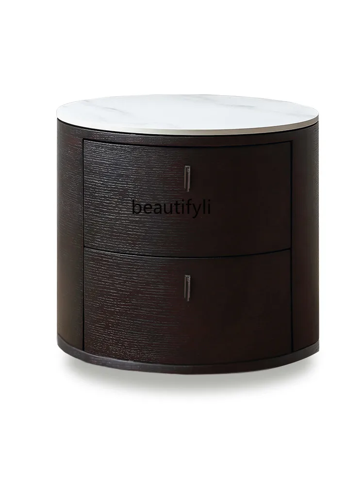 

Italian-Style Light Luxury Modern round Bedside Table Smoked Solid Wood Veneer Stone Plate Desktop