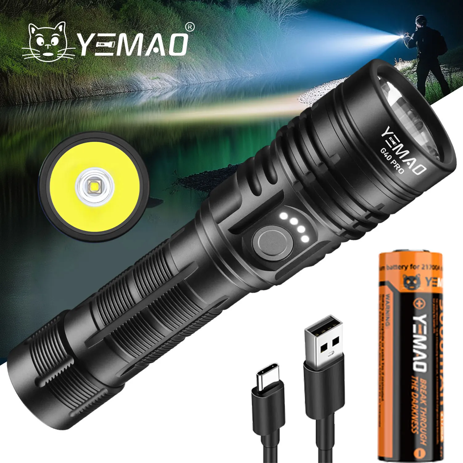 

YEMAO G40pro 2000lm Flashlight USB C Rechargeable Flashlights SST40 High Power LED Torch 21700 Battery with Power Indicator