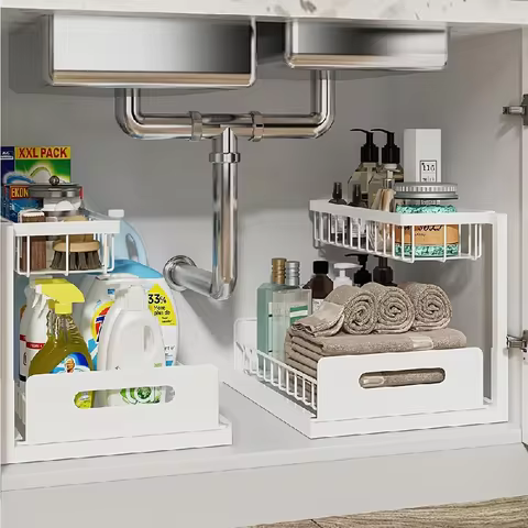 Rust-Resistant Metal 2-Tier Sliding Under-Sink Organizer — Best metal-frame option