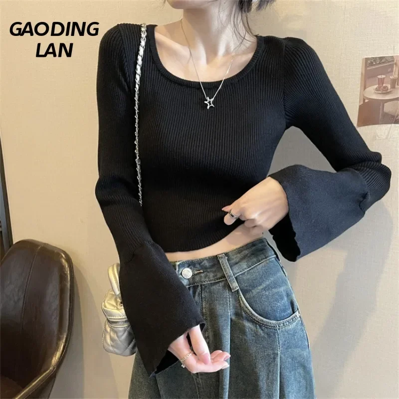 

Real Shoot Vintage Flare Long Sleeve Women Knit Crop Tops Slim High Waist Expose Navel Sexy Sweater Solid Inner Bottom Pullovers