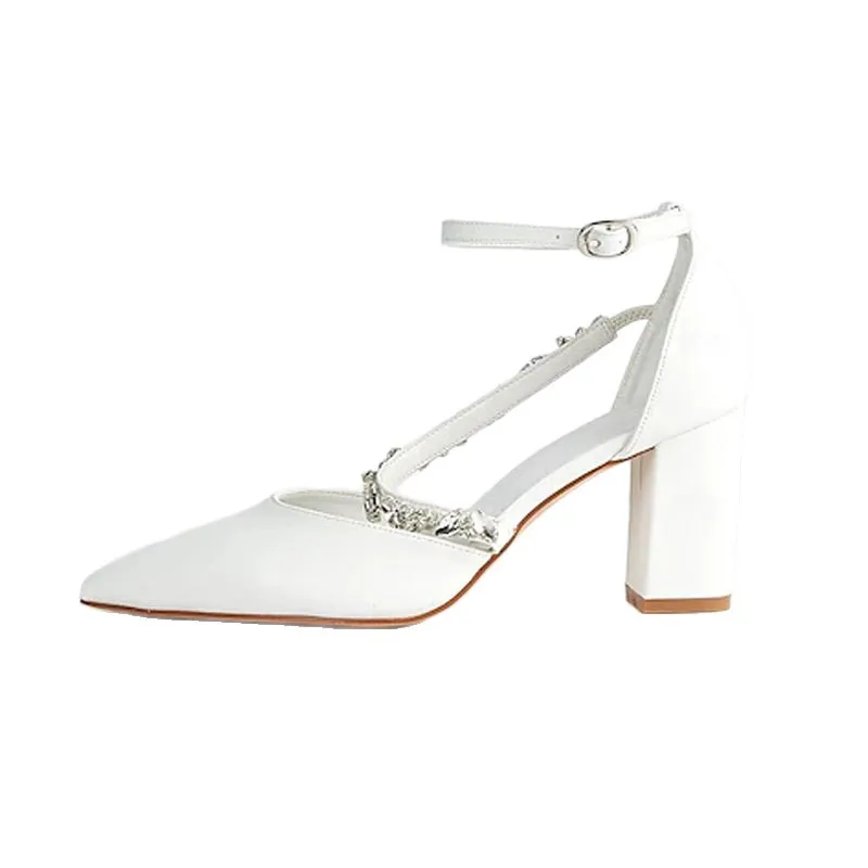 European and American Pointed High Heels Women's Rhinestone Thick Heel Hollow One-word Buckle with Shallow Mouth Single Shoes view 5