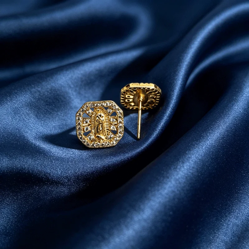 Elegant Gold Plated Octagon Virgin Mary Pave Zircon Statement Earrings, Premium Luxury Jewelry For Women Anniversary Gift