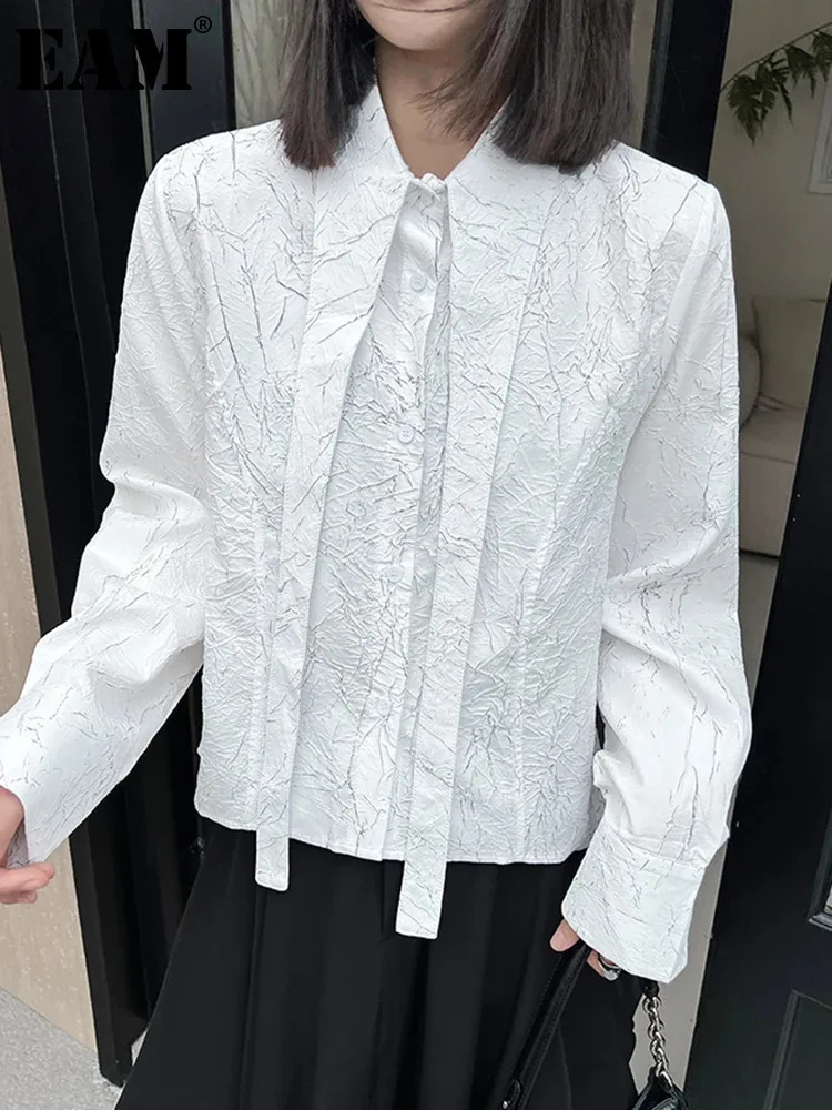 

[EAM] Women White Printed Irregular Big Size Thin Blouse New Lapel Long Sleeve Shirt Fashion Tide Spring Autumn 2024 1DH5142