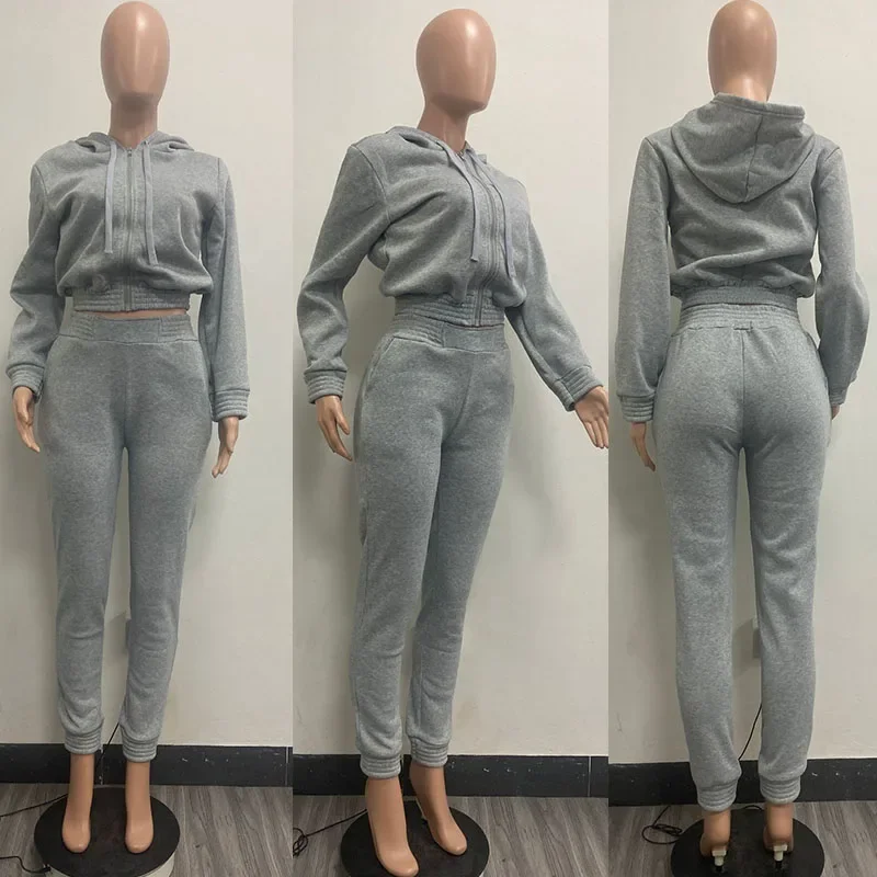 Solido Casual Set a due pezzi Tuta da donna Autunno Inverno Manica lunga Cerniera Giacca con cappuccio e pantaloni sportivi Set Abbigliamento sportivo da corsa