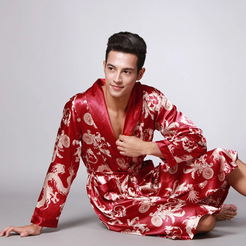 Spring Summer Men's Bathrobes Printed Male Pajamas Long Sleeves Nightwear Sleepwear Satin Silk Robe Pyjama Belt Men Robe MY1165 view 6