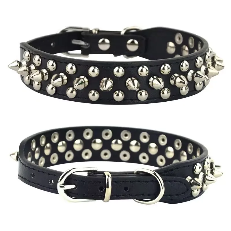 Adjustable Spiked Rivet Dog Collar PU Leather Anti‑rust Cool Pet Collar with Metal D‑ring for Walking Small Medium Dogs XXS-XXL