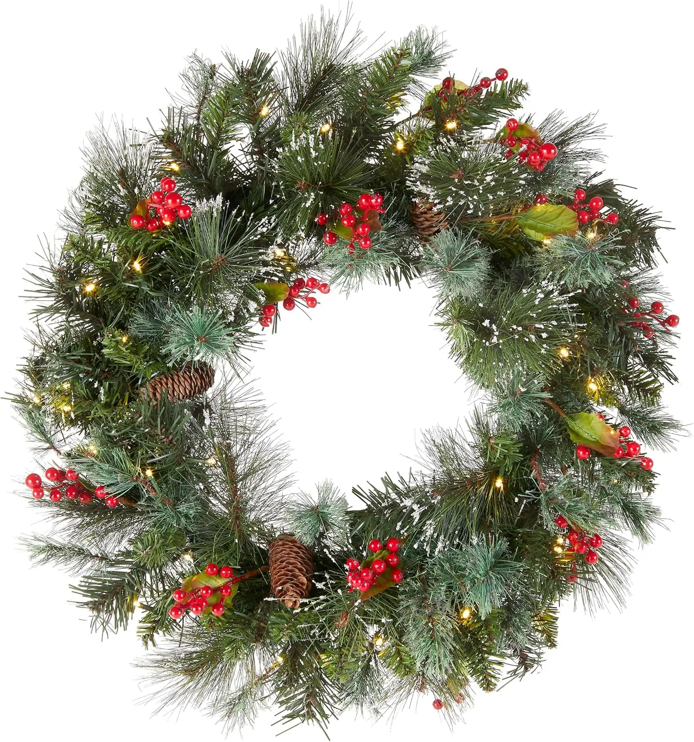 

12 in Pre-Lit Wintry Pine Flocked Artificial Christmas Wreath, Christmas Decoration with Pinecones, Red Berries,No LED Lights