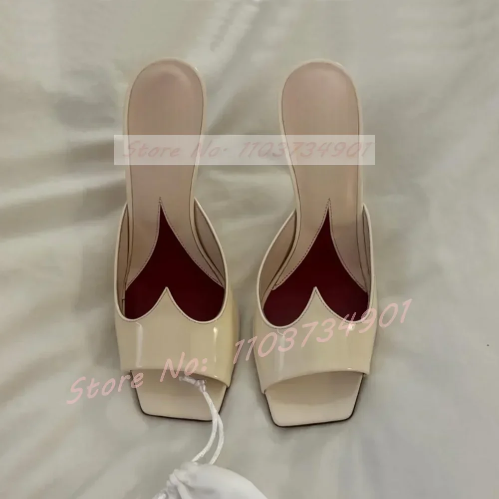 Square Toe Red Heart-Shaped Slippers Female Beige Patent Leather Stiletto High Heels Mules Ladies Summer Outside Mules